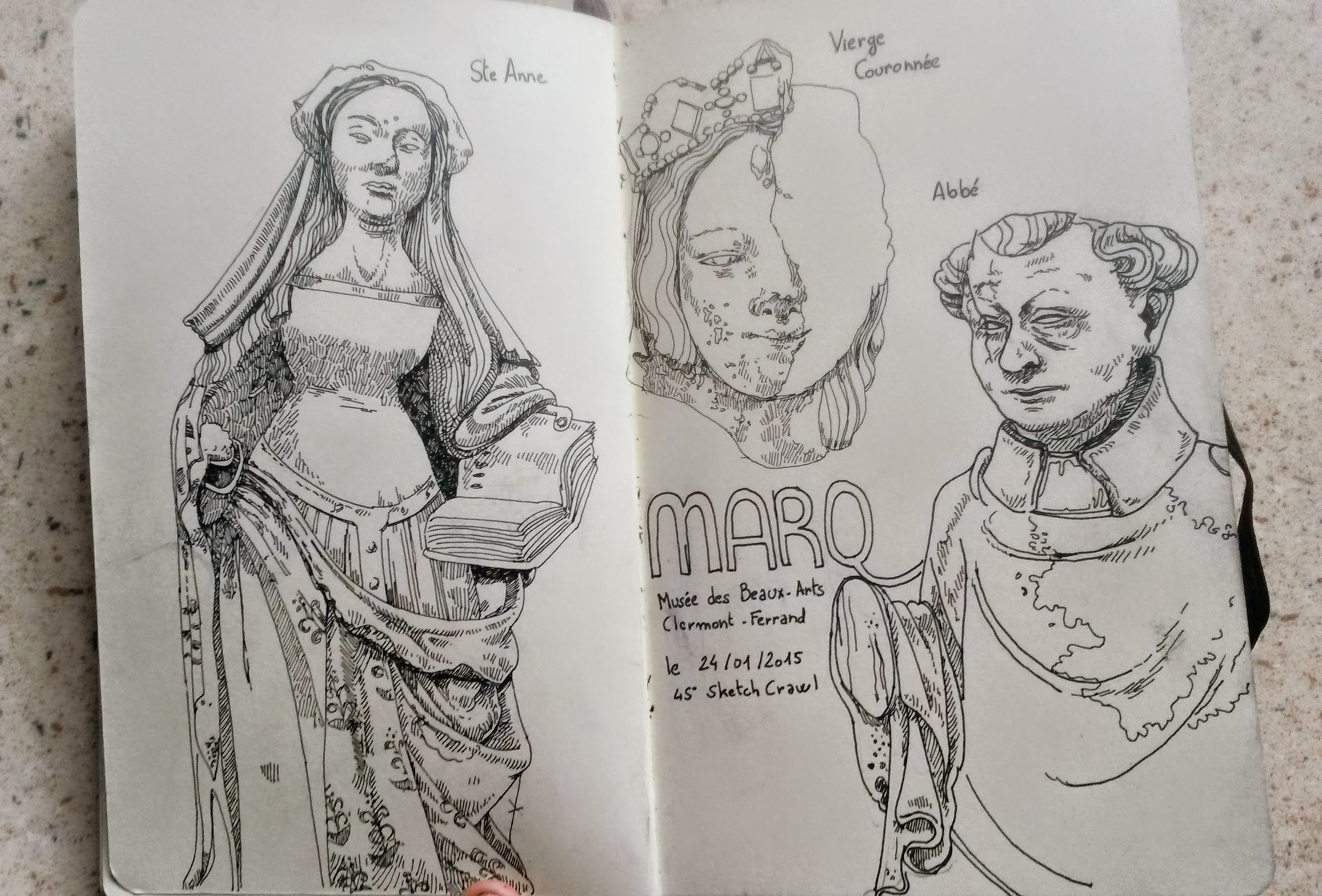 Mes dessins du 46ème Sketchcrawl: morue, MARQ et Montferrand