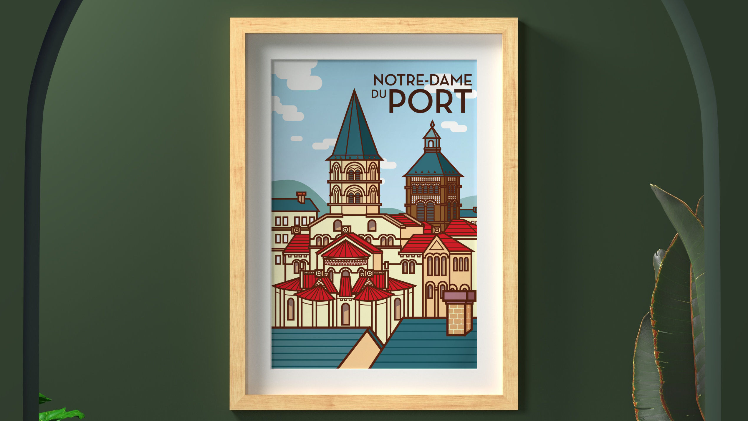 affiche illustrée sur clermont-ferrand encadrée au mur